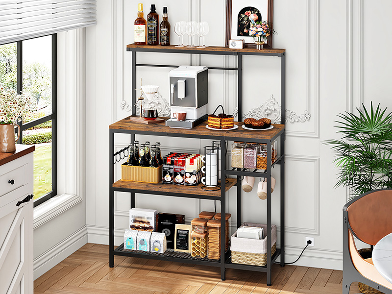 L-Shaped Bakers Rack with Power Outlet, 4-Tier Corner Microwave Stand with Storage, Coffee Bar Station with 8 Hooks, Kitchen Shelf Rack, 2 Installation Methods, Rustic Brown and Black