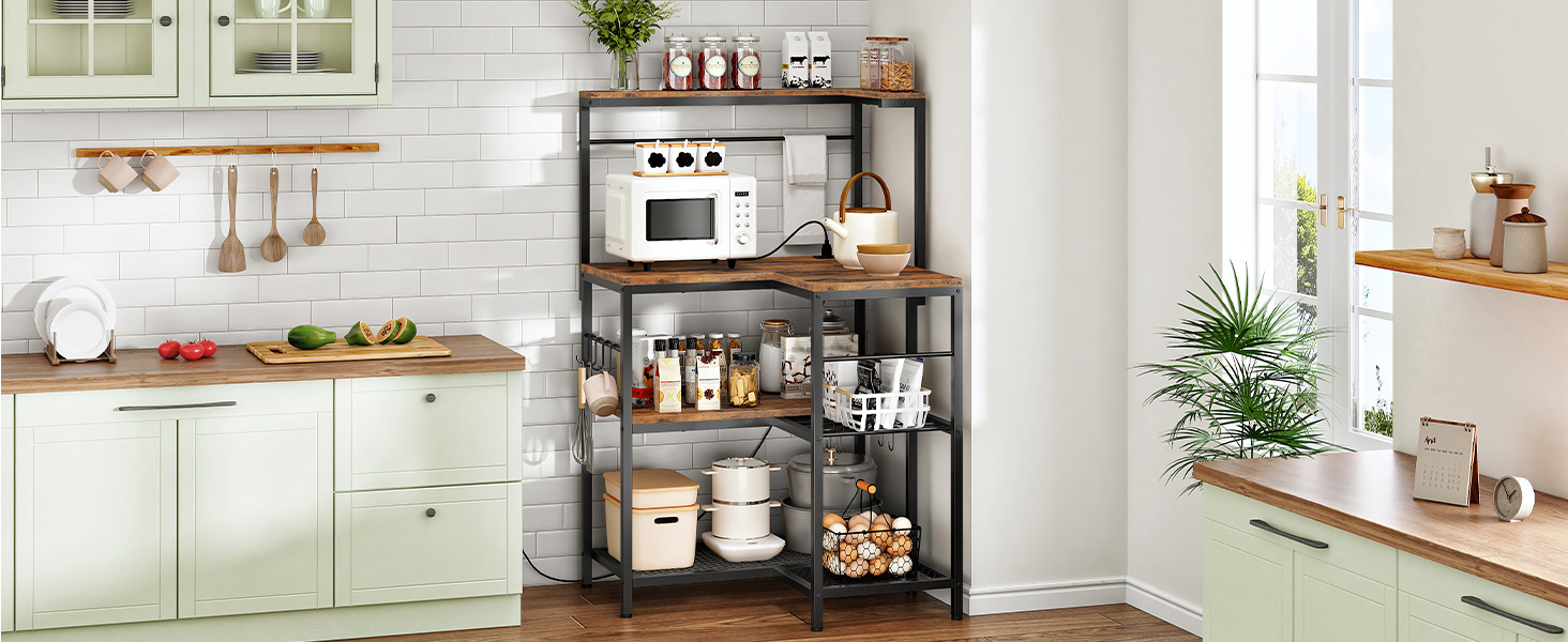 L-Shaped Bakers Rack with Power Outlet, 4-Tier Corner Microwave Stand with Storage, Coffee Bar Station with 8 Hooks, Kitchen Shelf Rack, 2 Installation Methods, Rustic Brown and Black