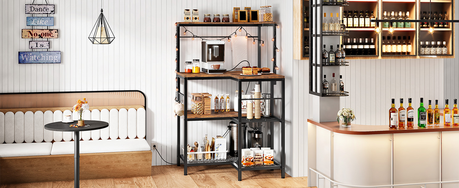 L-Shaped Bakers Rack with Power Outlet, 4-Tier Corner Microwave Stand with Storage, Coffee Bar Station with 8 Hooks, Kitchen Shelf Rack, 2 Installation Methods, Rustic Brown and Black