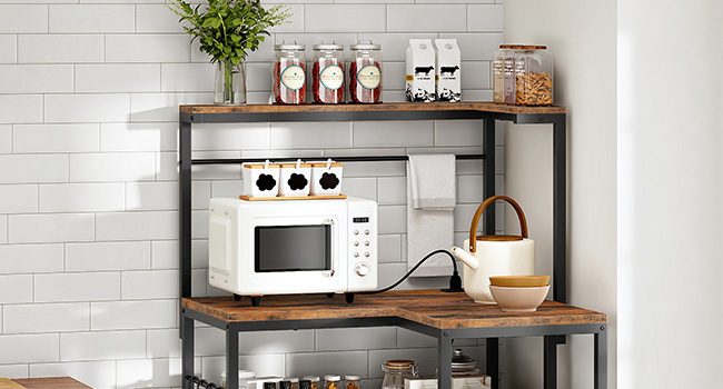 L-Shaped Bakers Rack with Power Outlet, 4-Tier Corner Microwave Stand with Storage, Coffee Bar Station with 8 Hooks, Kitchen Shelf Rack, 2 Installation Methods, Rustic Brown and Black