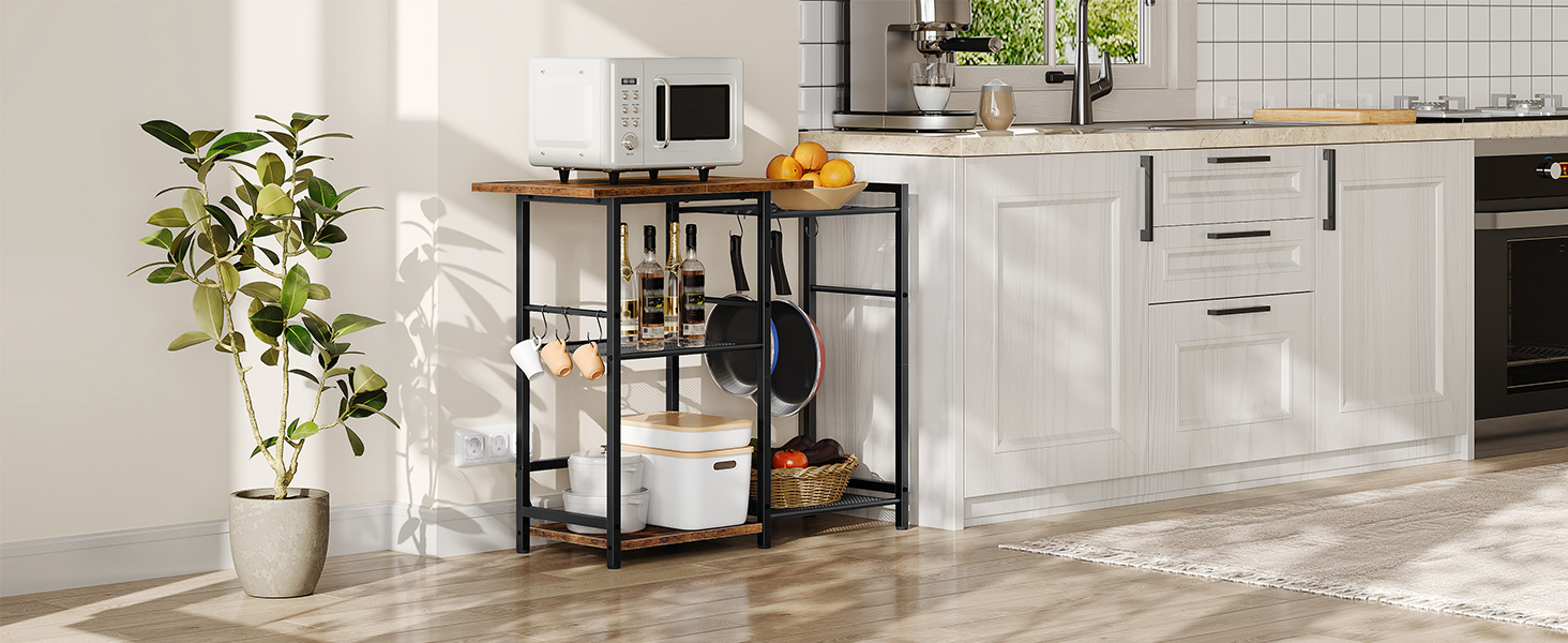 HOOBRO Baker's Rack, Kitchen Storage Rack, Microwave Stand Kitchen Island with 6 Hooks, 5 Shelves Industrial Standing Coffee Bar Station, Rustic Brown and Black