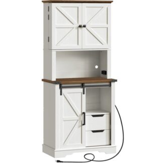 Υπουργικό συμβούλιο αγροικίας με σταθμό φόρτισης, ντουλάπι κουζίνας με 2 σώβρακο & συρόμενη πόρτα αχυρώνα, ψηλό ξύλινο ντουλάπι αποθήκευσης, ντουλάπι για τραπεζαρία σαλόνι, λευκός και