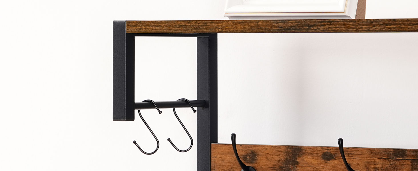 Hala strom s lavičkou, 31.5" Postar, 2 Zásuvky na textilie, Lavička u vchodu s věšákem, Kabát a stojan na boty pro vchod, 9 Háčky ve tvaru S, Rustikální hnědá a černá