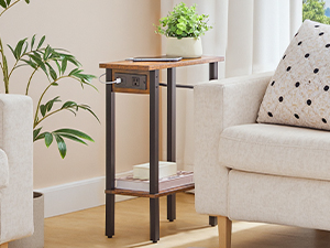 HOOBRO Narrow Side Table, 2-Tier Slim End Table with Charging Station, Skinny Nightstand with Open Storage, for Small Spaces, Living Room, Bedroom, Study, Rustic Brown and Black