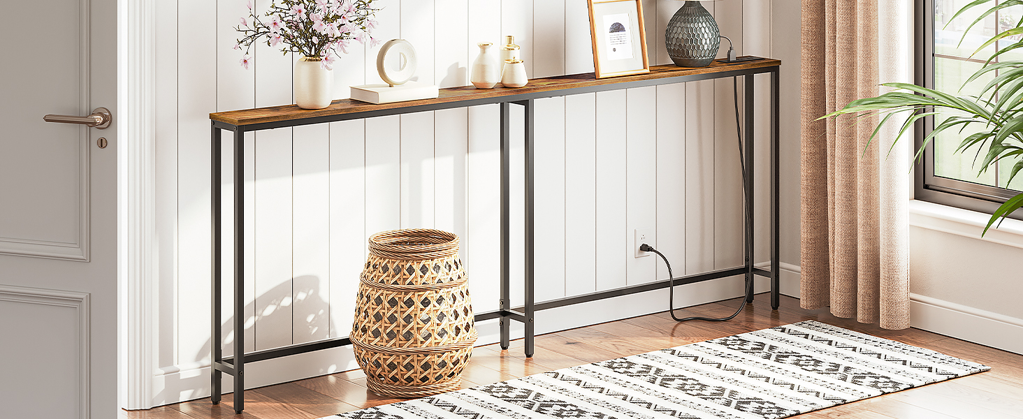 78.7 Inch Narrow Console Table with Integrated Charging Station, 5.9-Inch Depth Sofa Table Equipped with 2 Power Outlets and USB Ports, Long Entryway Table for Hallway, Living Room, Rustic Brown Finish