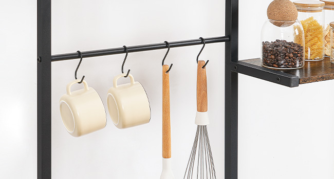 Large Bakers Rack with Power Outlets, 6-Tier Microwave Stand with 4 Hooks, Coffee Bar, Kitchen Shelf with Wire Basket, for Kitchen, Living Room, Office, Rustic Brown and Black