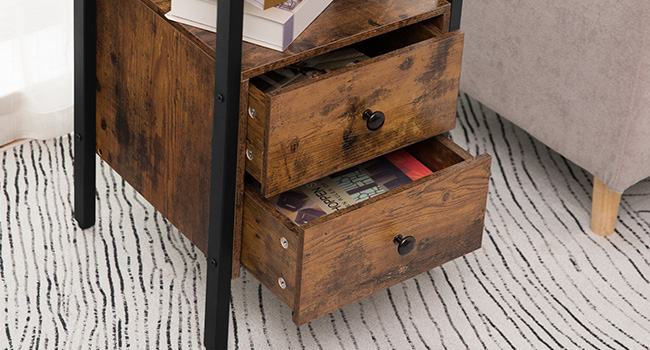 منضدة سرير, طاولة بجانب السرير مع 2 الأدراج ورفوف التخزين, طاولة نهاية جانبية, طاولة أريكة لغرفة المعيشة, غرفة نوم, أثاث لهجة, التجميع سهل, بني ريفي أسود