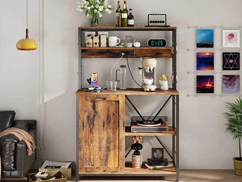 Bakers Rack with Power Outlet, Microwave Stand with Trash Can Bin Cabinet, 5-Tier Kitchen Storage Shelf Cabinet, Tall Coffee Bar Table Station for Dining Room, Rustic Brown and Black