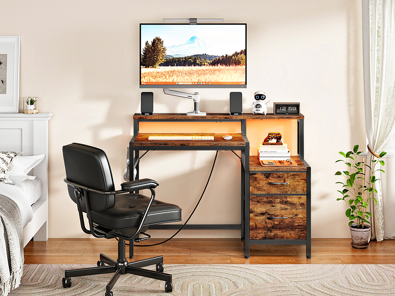 120cm Industrial Rustic Brown & Black Computer Desk with Fabric Drawers, Integrated Power Outlet & LED Lighting, Ergonomic Office Desk with Monitor Stand for Home Office, Study & Living Room