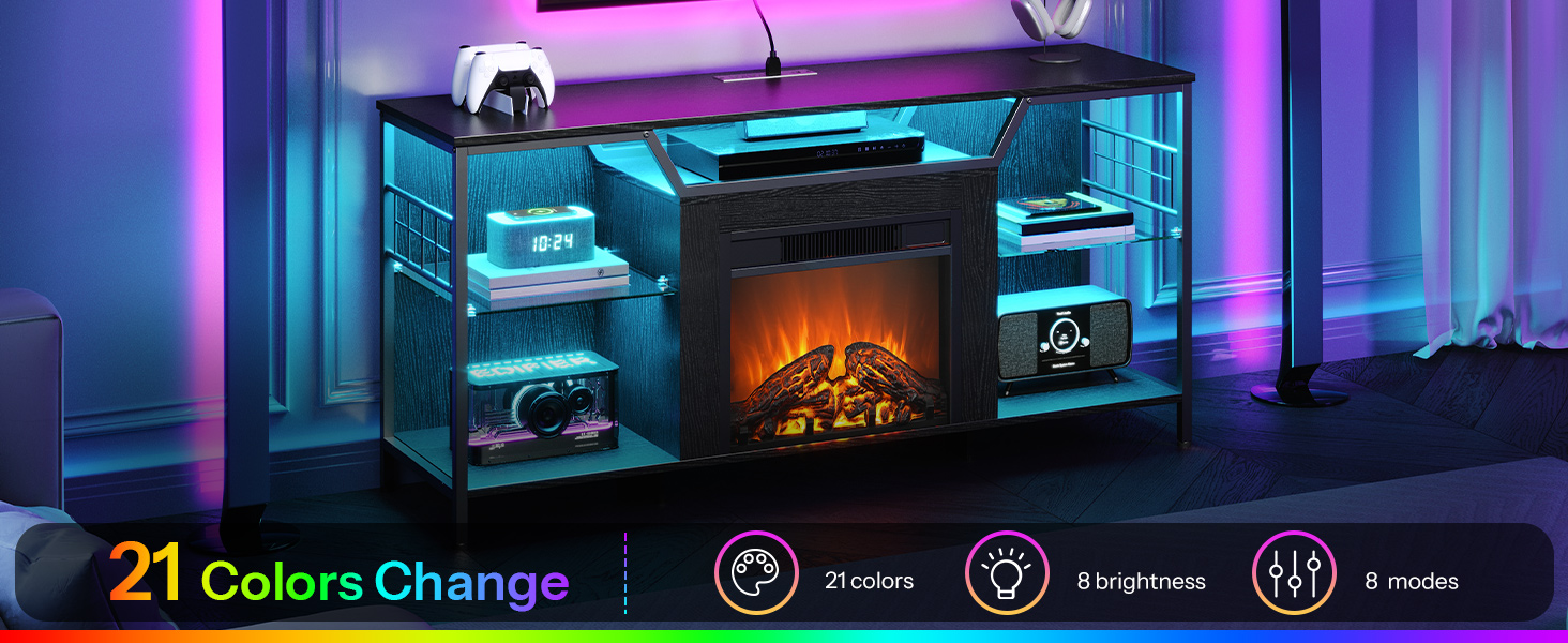 Krbový TV stojan HOOBRO s LED světly, Elektrický TV stolek s krbem s nabíjecí stanicí, Zábavní centrum s krbem, Media TV konzole, pro televizory až 65 Palec, Černý