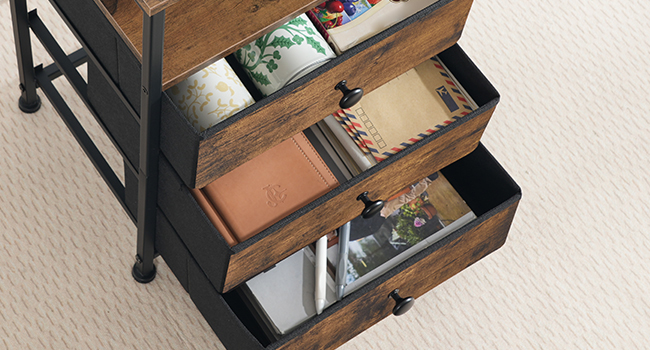 Bedside Table with Charging Station, Rustic Brown and Black End Table Featuring 3 Fabric Drawers, Sofa Side Table Equipped with USB Ports and Power Socket, Multifunctional Nightstand for Bedroom and Living Room