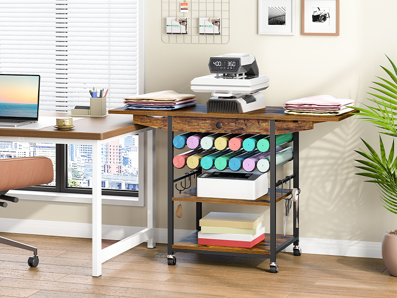 HOOBRO 3 Tier Movable Heat Press Table, Foldable Heat Transfer Stand with Vinyl Roll Holder and Drawer, Heavy Duty Rolling Craft Table, Mobile Workbench Cart for DIY Sublimation, Rustic Brown