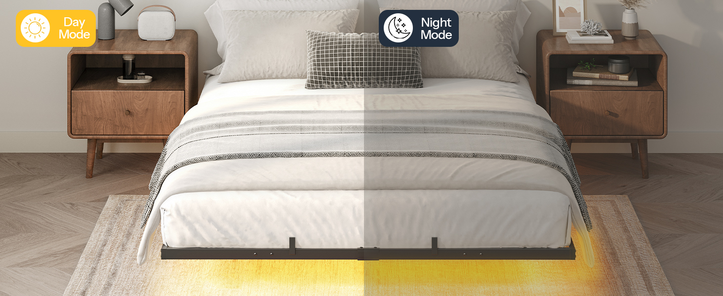 Πλωτό πλαίσιο κρεβατιού πλήρους μεγέθους, Κρεβάτι με μεταλλική πλατφόρμα βιομηχανικού στιλ με ενσωματωμένο σταθμό φόρτισης και φωτισμό LED, Σχεδιασμός Μείωσης Θορύβου, Δεν απαιτείται ελατήριο κουτιού, Μαύρο φινίρισμα