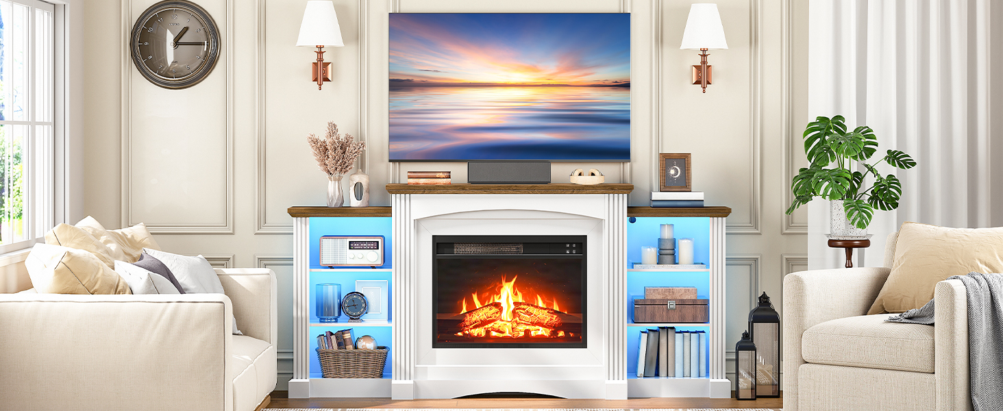 HOOBRO Electric Fireplace with Mantel, Fireplace TV Stand with Led Light, 74" Farmhouse Entertainment Center with Storage, Realistic Stacked Stone Surround and 3D Flame for Living Room, Bedroom