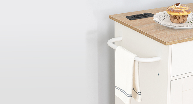 Kitchen Trolley with Worktop, Integrated Power Strip Kitchen Island, Movable Storage Trolley with Drawer and Spice Rack, Wheeled Utility Kitchen Cart