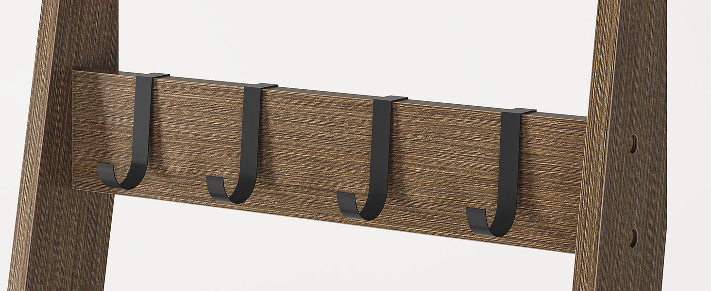 HOOBRO Blanket Ladder for Living Room and Bedroom, 5-Tier Wall Leaning Towel Rack for Bathroom, Decorative Ladder Shelf with 4 Removable Hooks, Farmhouse Blanket Storage, Mocha