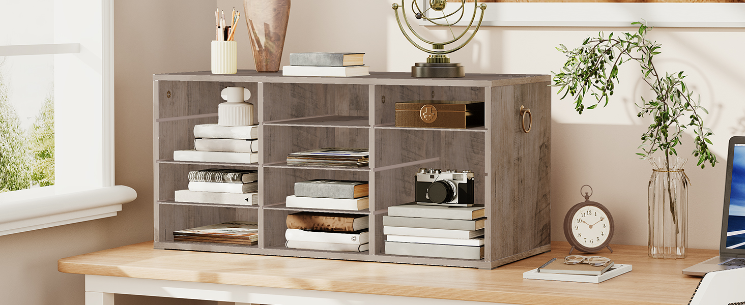 Grey 12-Compartment Wooden Countertop Mail Sorter, Desktop Document Organizer for Office, Domov & Třída