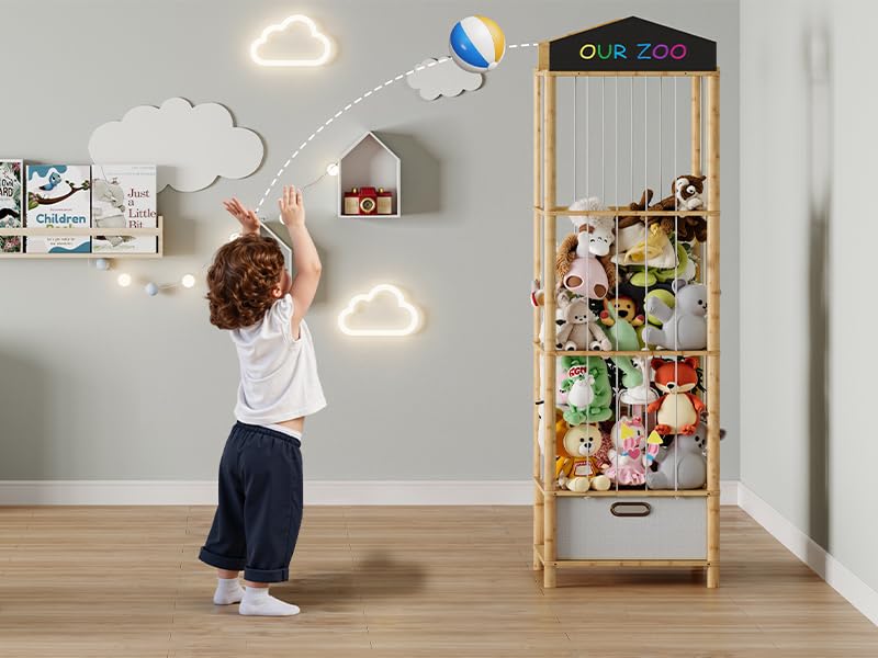 HOOBRO Stuffed Animal Storage & Organizer, Bamboo Stuffed Animal Holder with Fabric Drawer and DIY Chalkboard, Plush Toy Organizer for Playroom, Living Room, Nursery, Natural and Beige