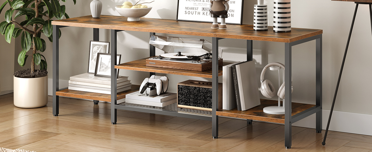 TV Cabinet with 3-Tier Open Compartments, Retro-Braun & Black Multifunctional TV Stand Suitable for TVs Up to 65 Zoll, Industrial-Style Storage Lowboard for Living Room