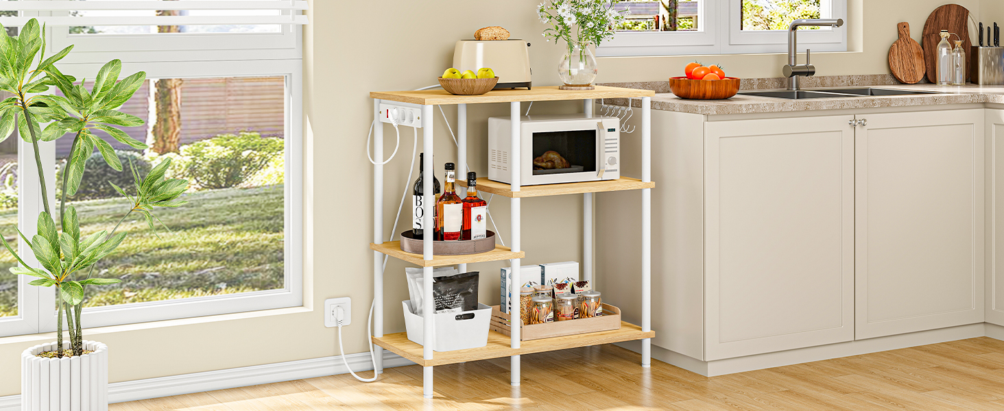 Kitchen Standing Shelf with Sockets, Baker's Rack with 5 S-Hooks, Microwave Storage Shelf with Worktop, Multifunctional Storage Unit for Kitchen and Living Room