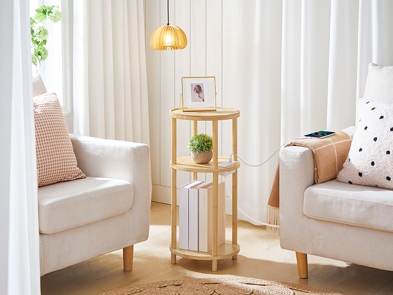HOOBRO Small Round Side Table with Charging Station, 3-Tier Round Bamboo End Table, Compact Sofa Bedside Table for Small Space, Easy Assembly, for Living Room, Bedroom, Apartment, Natural