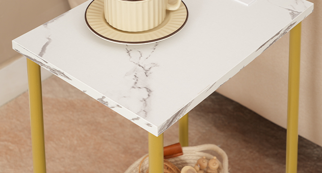 HOOBRO Side Table with Charging Station, End Table with USB Port and Outlet, Nightstand with 2-Layer Storage Shelves for Small Spaces, Living Room, Bedroom, Stable Frame, Gold and Marble