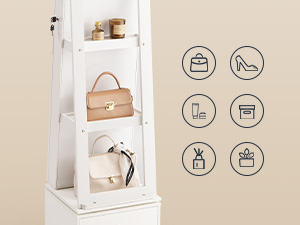 360° Swivel Jewelry Cabinet with LED Lights, Standing Jewelry Armoire with 2 Drawers, Full-Length Mirrored Jewelry Organizer, Lockable Jewelry Cabinet, Makeup Brush Boxes, White