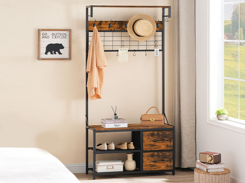 Hala strom s lavičkou, 31.5" Postar, 2 Zásuvky na textilie, Lavička u vchodu s věšákem, Kabát a stojan na boty pro vchod, 9 Háčky ve tvaru S, Rustikální hnědá a černá