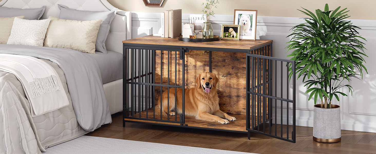 Velký psí bednu nábytek, Dřevěná vnitřní bouda pro psy, Pevná klec pro velké a středně velké psy, Dekorativní boční koncový stolek, Rustikální hnědá & Černý