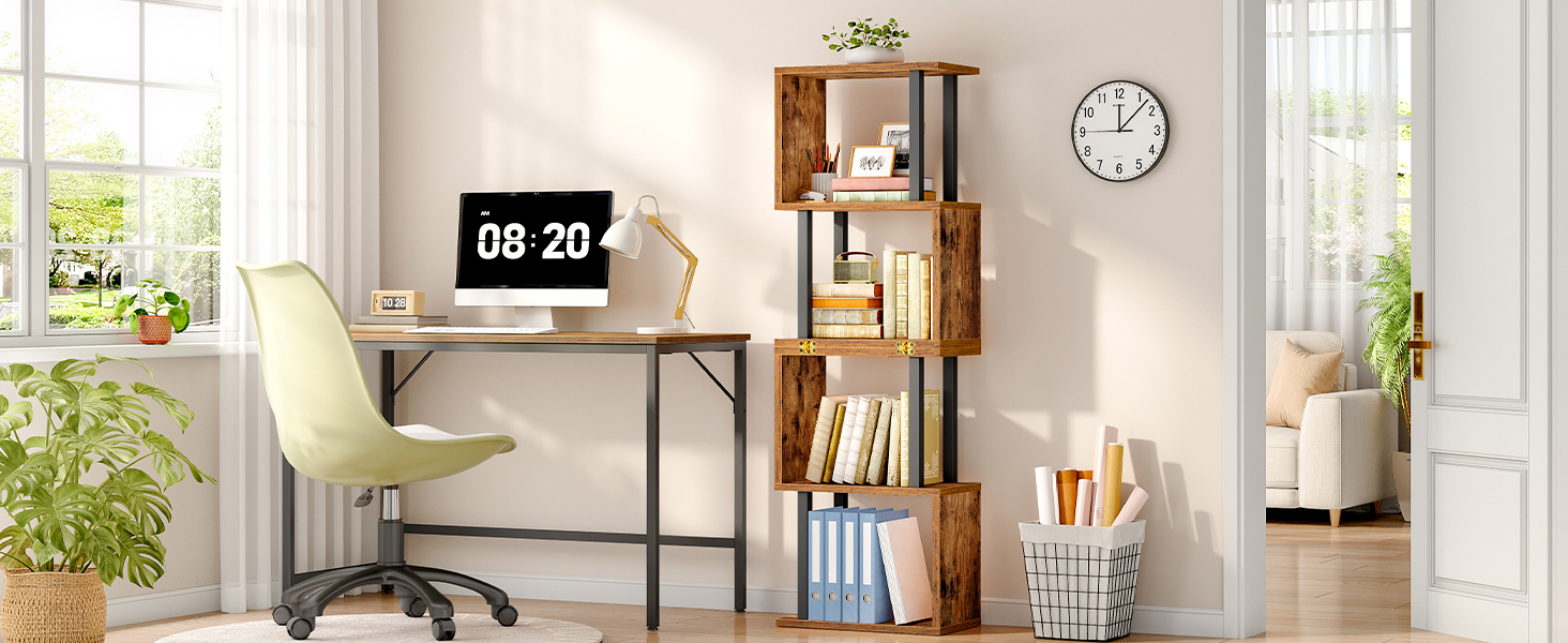 5 Geometrická knihovna ve tvaru písmene S, Dřevěný & Kovová multifunkční skládací knihovna, Moderní dekorativní stojan & Dělič pokojů, Vhodné do kanceláře a obývacího pokoje, Rustikální hnědá & Černá povrchová úprava