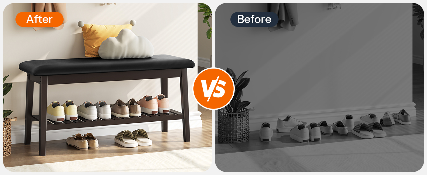 Shoe Storage Bench with Upholstered Seat, 2-Tier Bamboo Entryway Bench, Multi-Functional Dining Bench for Hallway, Sypialnia, Salon, Jadalnia, Brązowy & Czarny