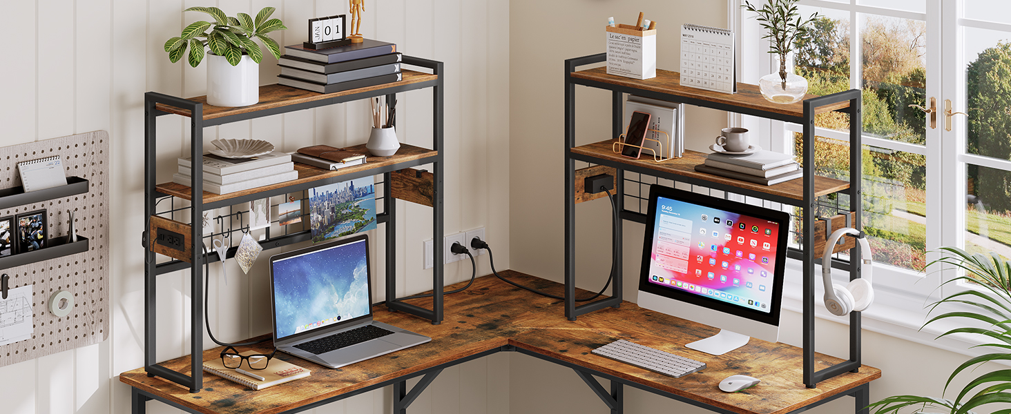 Desktop Bookcase, 2-Tier Desktop Organizer, Wooden Office Storage Rack with Power Outlets, Display Shelf with LED Light Strip, Desk Hutch for Office Use, Rustic Brown