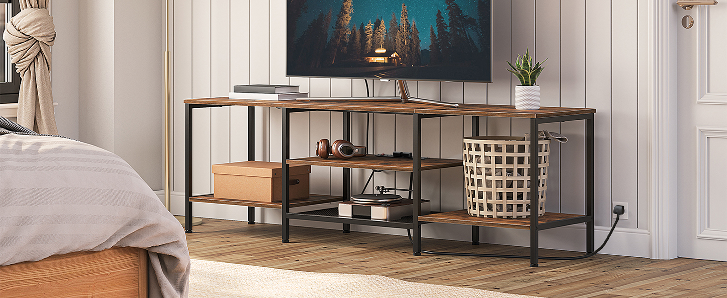 160cm TV Stand Unit, Industrial Media Entertainment Center with Power Outlets and Open Storage Shelves, Рустик Браун & Black TV Cabinet for Living Room and Bedroom