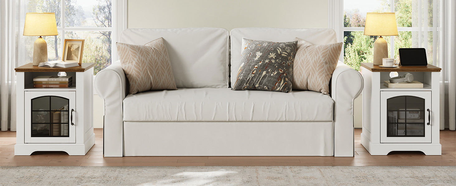 Farmhouse Style End Table with Charging Station, 45cm Wide Nightstand, White & Walnut Wooden Sofa Side Table with Tempered Glass Barn Door and Open Shelf