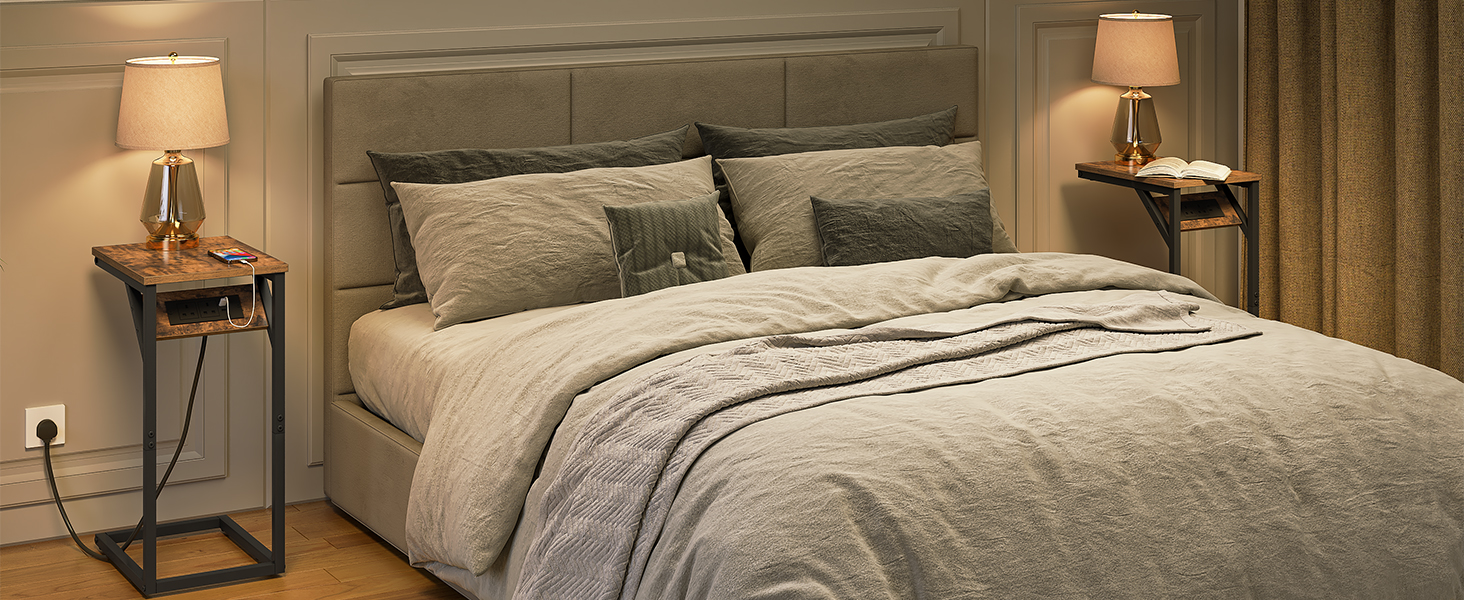 C-vormige bijzettafel, SOFA -tafel met laadstation, laptoptabel voor bank, 2 USB -poorten 2 AC -verkooppunten, smal nachtkastje met kracht, woonkamer, slaapkamer, Rustiek bruin en zwart