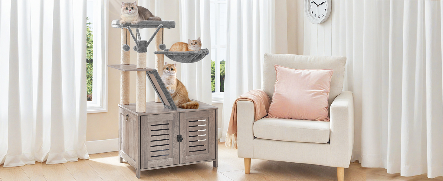 Wooden Cat Tree with Litter Box Enclosure, Tall Cat Tower with Scratching Posts, Hammock & Hidden Litter Box Furniture, All-in-One Indoor Cat Condo, Grey