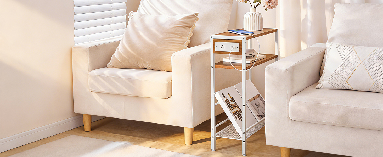 Adjustable Height End Table, 360° Swivel Narrow Side Table with Charging Station, Narrow Sofa Bedside Table for Small Space, Living Room, Bedroom, Black