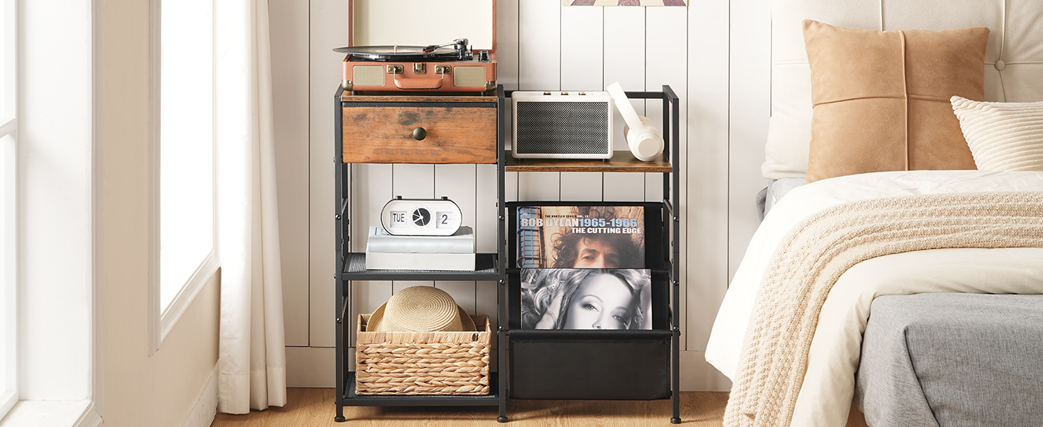 HOOBRO Record Player Stand with Vinyl Storage, Turntable Stand with Record Storage and Display Shelf, Media Cabinet with Drawer for Living Room, Bedroom,Rustic Brown