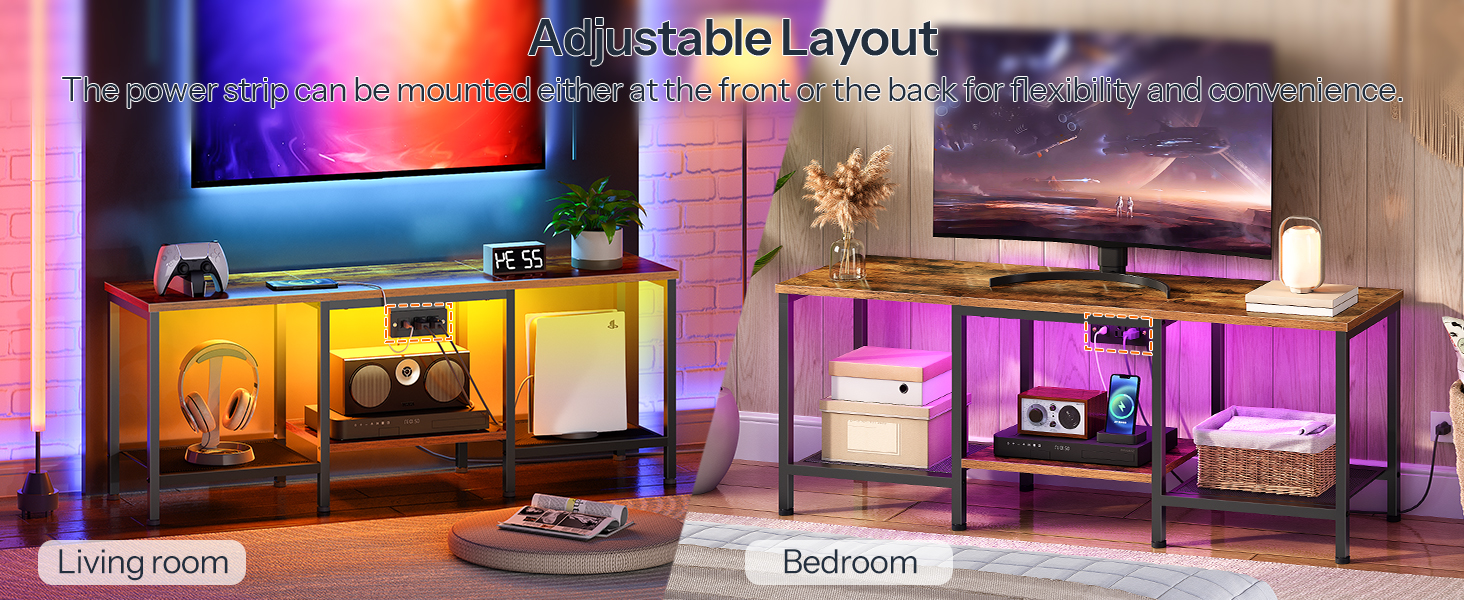 55-Inch Compatible TV Stand with Charging Station, Rustic Brown & Black LED Entertainment Center, Industrial Media Console Table with Open Storage Shelves for Living Room & Bedroom