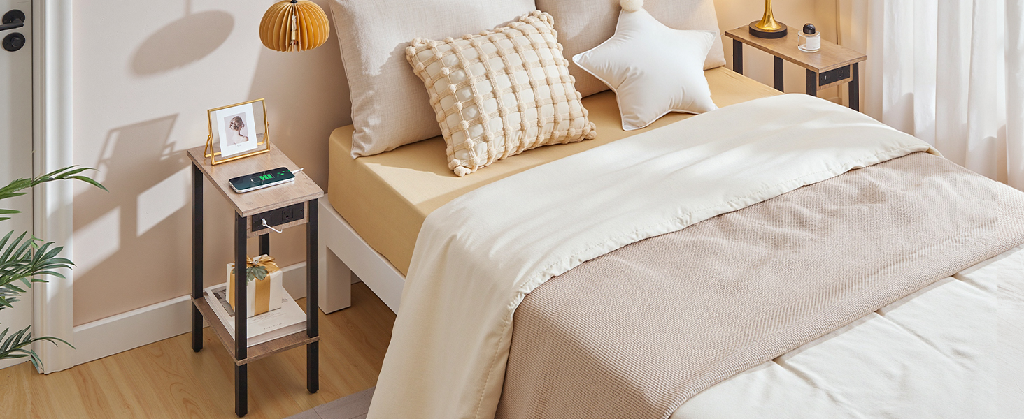 HOOBRO Narrow Side Table, 2-Tier Slim End Table with Charging Station, Skinny Nightstand with Open Storage, for Small Spaces, Living Room, Bedroom, Study, Grey and Black