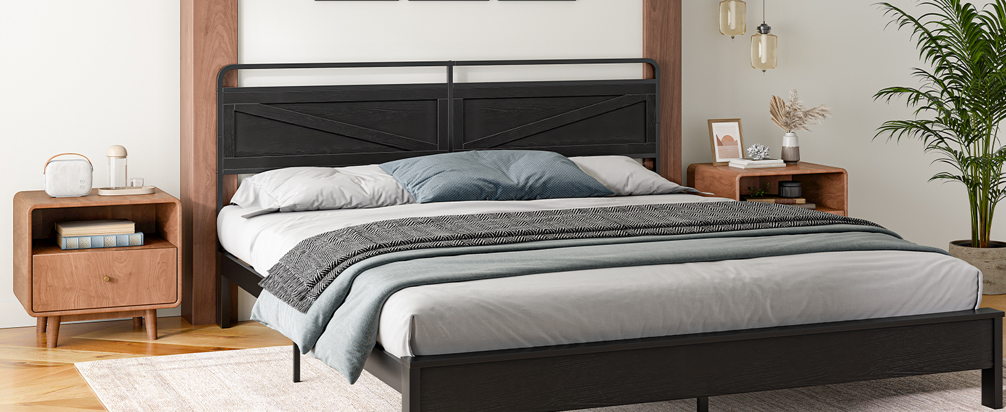 Queen-Size Wooden Panel Headboard, Minimalist Design with Reinforced Metal Frame, Height-Adjustable Configuration & Bed Frame Adapters, Black Finish
