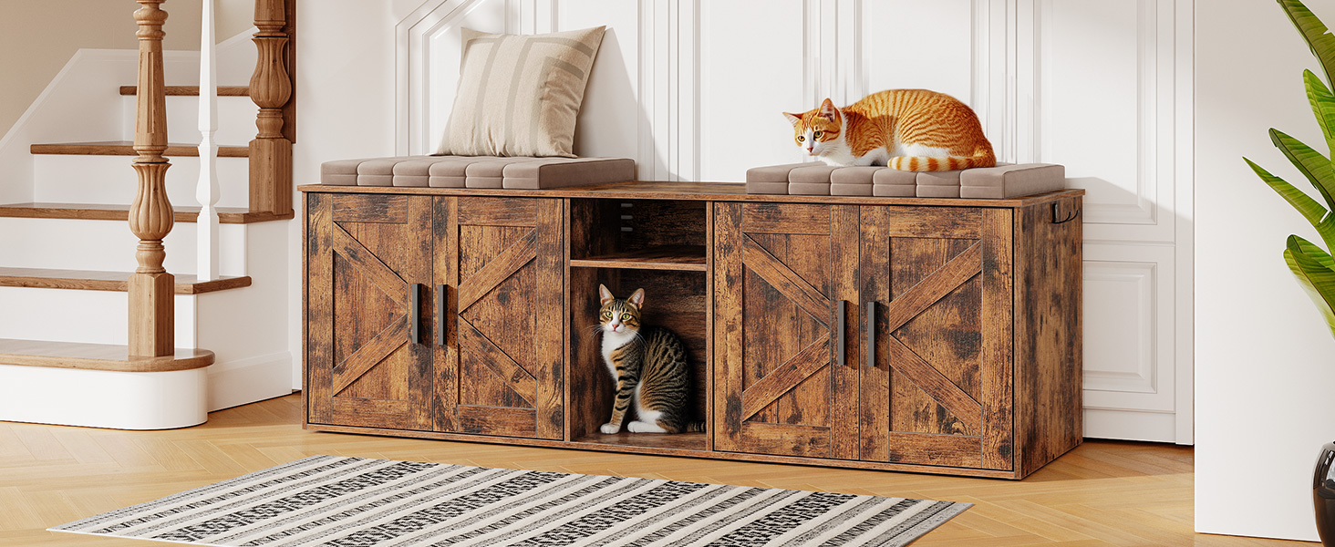 Dubbele kattenbakbehuizing, Verborgen kattenbakkast met gang, Multifunctioneel kattenbakmeubel met opberglaag en haken, Houten structuur, Rustiek bruin