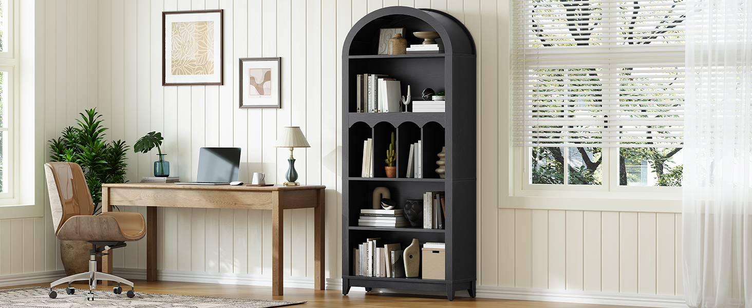 70.9-Palec oblouková knihovna, 5-Otevřená knihovna ve stylu Tier Farmhouse, Dřevěná úložná skříň do obývacího pokoje & Kancelář, Černá povrchová úprava
