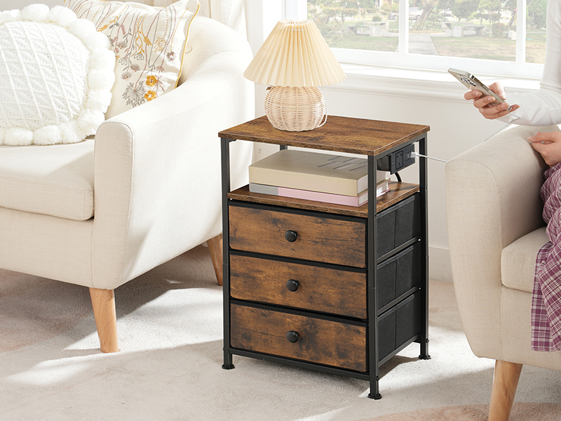 Bedside Table with Charging Station, Rustic Brown and Black End Table Featuring 3 Fabric Drawers, Sofa Side Table Equipped with USB Ports and Power Socket, Multifunctional Nightstand for Bedroom and Living Room