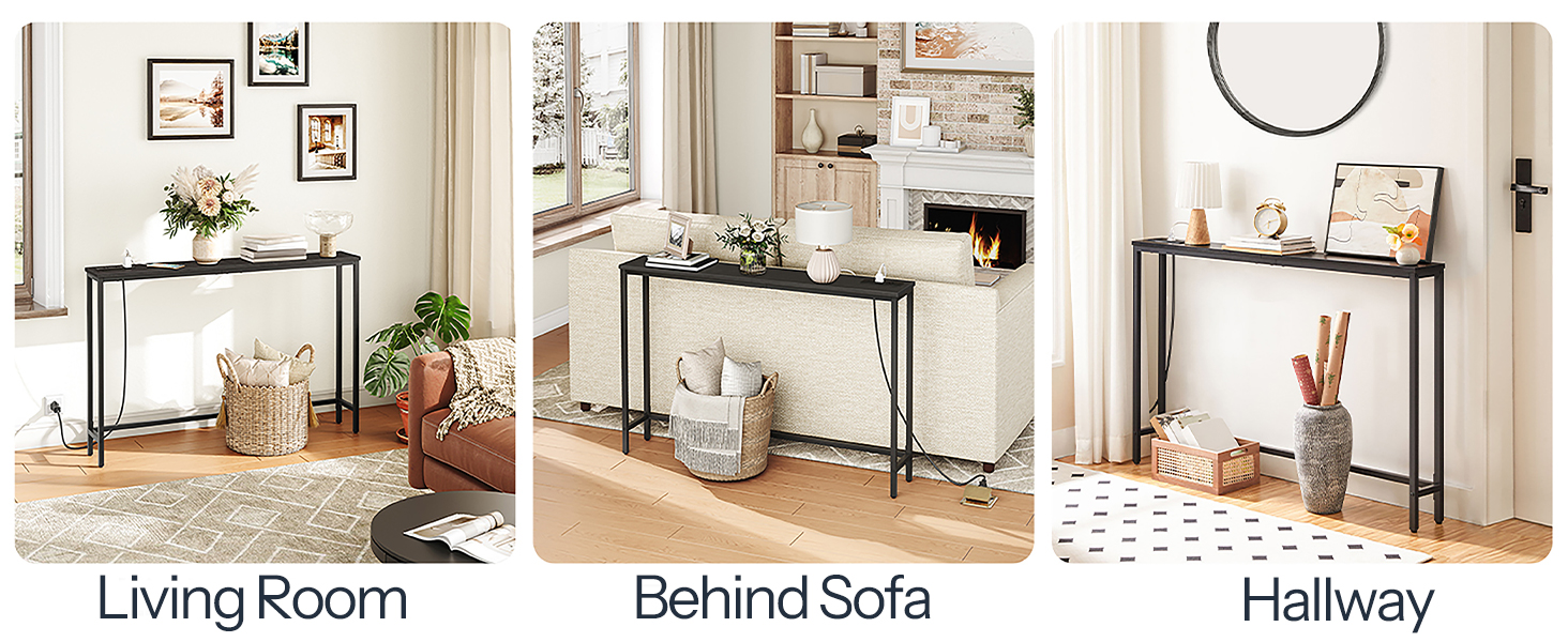 Slim Console Table with Power Outlets, Narrow Behind-Couch Table Integrated with Charging Station, Long Thin Sofa Side Table for Entryway and Living Room, Black Finish