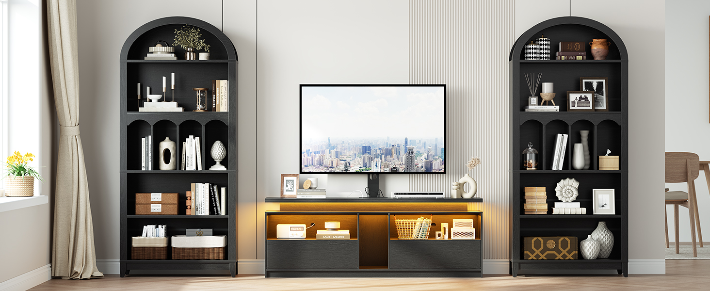 70.9-Palec oblouková knihovna, 5-Otevřená knihovna ve stylu Tier Farmhouse, Dřevěná úložná skříň do obývacího pokoje & Kancelář, Černá povrchová úprava