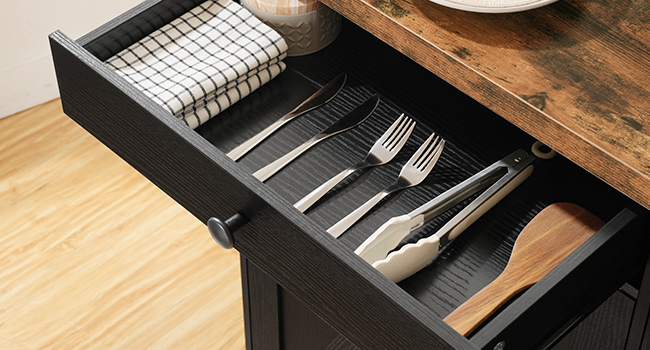 Kitchen Island with Power Outlet, 110cm Rolling Island with Storage, Kitchen Cart with Spice Rack and Hooks, for Living Room, Rustic Brown and Black