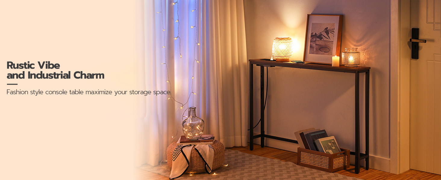 Суперузкий консольный столик с розеткой, Столик за диваном с зарядной станцией, Деревенский коричневый тонкий стол для прихожей для гостиной