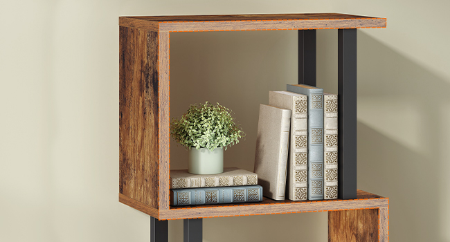 5 Geometrická knihovna ve tvaru písmene S, Dřevěný & Kovová multifunkční skládací knihovna, Moderní dekorativní stojan & Dělič pokojů, Vhodné do kanceláře a obývacího pokoje, Rustikální hnědá & Černá povrchová úprava