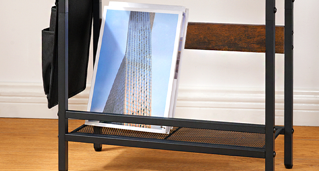 Узкий столик с зарядной станцией, Flip-Top Slim Side Table, Multi-Functional Bedside Nightstand with Storage, Подходит для небольших помещений, Гостиная & Спальня, Рустик Браун & Черный